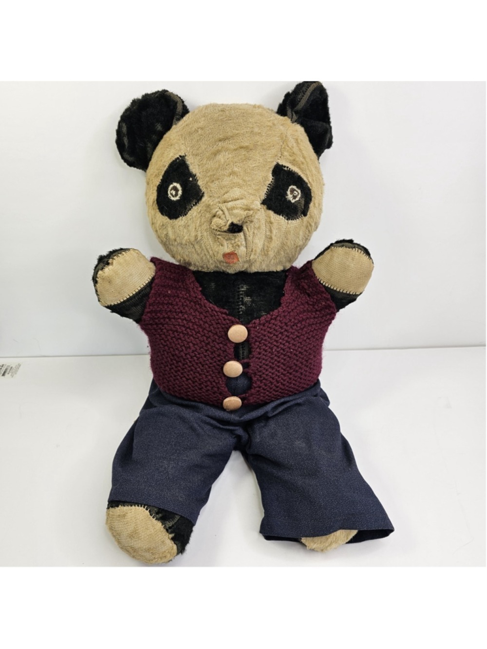Antique Panda Plush Bear 20" Vintage Stuffed Animal Worn Mohair Style W/ Clothes